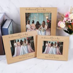 three wooden frames with pictures of bridesmaid and groomsmid for a day