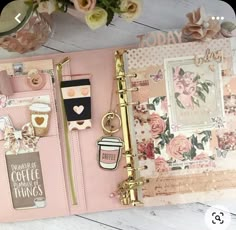 a pink planner with gold accents and flowers