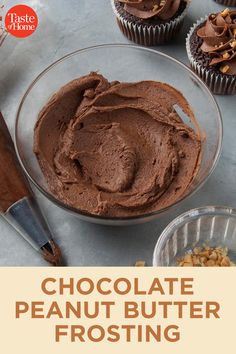 chocolate peanut butter frosting in a glass bowl