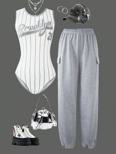 Teen Girls 2pcs Set Striped Letter Graphic Tank Top And  Pocket Sweatpants, Spring Summer Grey Casual    Colorblock,Letter,Striped  Medium Stretch Spring/Summer/Fall Teen Girls Clothing, size features are:Bust: ,Length: ,Sleeve Length: Casual Gray Sets With Pockets, Gray Summer Bottoms With Letter Print, Sporty Sets With Pockets For Spring, Sporty Summer Pants With Letter Print, Summer Loungewear Pants With Letter Print, Summer Letter Print Loungewear Pants, Adrette Outfits, Pocket Sweatpants, Cute Preppy Outfits