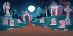 cartoon cemetery scene with graves and tombstones at night