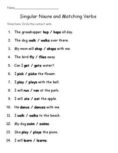 singular words and matching verbs worksheet