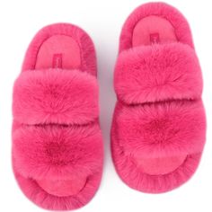 PRICES MAY VARY. FUZZY and CUTE easy slip-on style with plush faux fur upper cradles your feet in fuzzy comfort. Classic slide style with fashion 2 band design makes them the perfecthouse slippers and matches well with your loungewear, pajamas, or robes set MOISTURE WICKING and BREATHABLE coral fleece lining is soft and can keeps your feet comfortable and cozy. Enjoy the cushy and fuzzy faux fur home slippers whether you are bare feet or wearing socks ULTRA LIGHT and SOFT rubber sole is really f Pink Fluffy Slippers For Winter, Pink Fluffy Casual Slippers, Pink Fluffy Winter Slippers, Pink Faux Fur Slippers For Winter, Pink Faux Fur Slippers, Fluffy Shoes, Faux Fur Slippers, Fur Slippers, Band Design