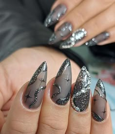 January Nails Stiletto, Colorful Goth Nails, Pretty Goth Nails, Smokey Nail Art, Gunmetal Nails Design, Gothic New Years Nails, Black Jelly Nails Acrylic, Acotar Nails Designs, Goth Coffin Nails