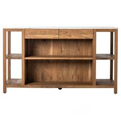 the sideboard is made out of wood and has two open shelves on one side