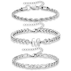 PRICES MAY VARY. 【3 Pcs Bracelet for Men Design】Classic mens chain bracelet include: figaro chain, rope chain, and cuban link chain with initial bracelets, its can be wear alone or layered with other bracelets for an on-trend vibe. Simple and chic, suitable for daily wear and any occasion. 【Adjustable Size】Stainless steel bracelets sizes: rope chain width: 4mm, figaro chain width: 6mm, cuban link chain width: 7mm, these chain length: 7.5"+2" extension, offering flexibility to fit most wrist that Initial Bracelets, Mens Chain, Mens Chain Bracelet, Stainless Bracelet, Wrist Jewelry, Chain Bracelets, Set Jewelry, Figaro Chains, Figaro Chain