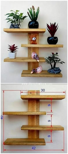 three shelves with plants on them and measurements for each shelf in the same size as shown