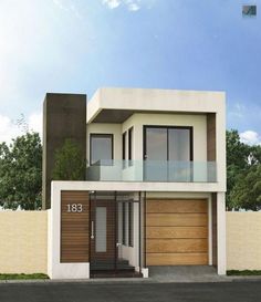 this is a modern style house with wood and glass on the front door, two levels