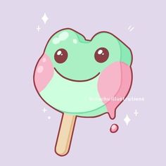 an ice cream popsicle with a smiley face on it's side and pink gum