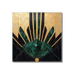 an art deco style painting with green and gold accents on a black background, featuring fan shapes