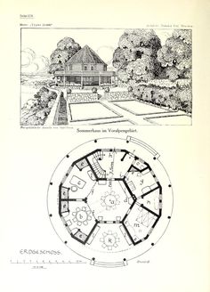 an old book with drawings and plans on the front, side and back pages showing different rooms