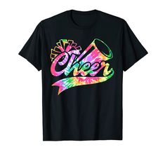 a black t - shirt with the word cheer on it and a horn in rainbow colors