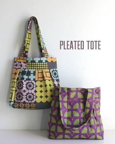 two purses sitting next to each other on top of a white wall with the words pleated tote