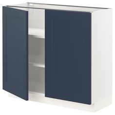 a white and blue cabinet with two doors on one side, an open door on the other