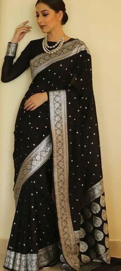 Black and Grey color Saree in Art Silk fabric with Weaving, Zari work Banarasi Georgette Saree, Soft Saree, Banarsi Saree, Black Saree, Party Kleidung, Georgette Saree, Saree Look, Soft Silk Sarees, Traditional Sarees