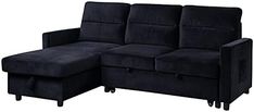 a black couch with a footstool sitting next to it on a white background