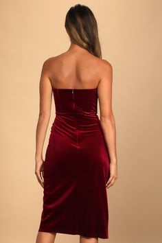 Lulus Exclusive! Grab a glass of bubbly and get ready to celebrate all night in the Lulus Glamorous Celebrations Wine Red Velvet Strapless Tulip Dress! Slightly stretchy velvet shapes this luxe dress that has a strapless neckline (with no-slip strips) and a boning-supported bodice. A high waist tops an overlapping tulip skirt that ends at a knee-grazing hem. Hidden back zipper/clasp. Fit: This garment fits true to size. Length: Knee Length. Size small measures 35" from top to bottom. Bust: Great Strapless Dress Prom, Velvet Strapless Dress, Luxe Dress, Dress Stores, Strapless Prom Dresses, Prom Dress Stores, Tulip Skirt, Tulip Dress, Strapless Neckline