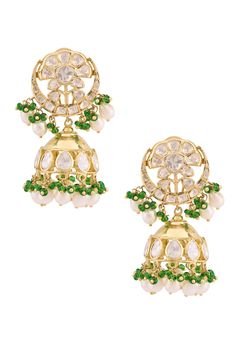 22kt gold plated jhumkas with white precious stone, moissanite polki embellishment and pearl drops.
Type: Embellished
Composition: 92.5 Silver
Color: White,Gold
Other Details: 
Handcrafted
Pearl drops
Dimensions L x W(in inch): 2.3 x 1
Weight (in gms): 53
Closure: Push back clasp
 - Aza Fashions White Meenakari Fusion Jhumkas, Bollywood Style Kundan Jhumkas In Yellow Gold, Festive Yellow Gold Kundan Pearl Earrings, White Meenakari Jhumkas For Reception, White Cutdana Jhumkas For Reception, Yellow Gold Kundan Jhumkas, Yellow Gold Kundan Jhumkas With Cutdana, Yellow Gold Round Kundan Jhumkas, Elegant Kundan Jhumkas With Gota Work