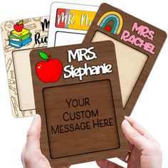 someone is holding up some personalized teacher's coasters to show their appreciation