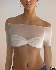 Fisdy - Elegant and Alluring Sheer Shoulder Fitted Crop Top featuring Exposed Midriff Short Wrap Skirt, Sheer Crop Top, Slim Fit Crop Top, Pastel Goth Fashion, Off Shoulder Crop Top, Kpop Style, Womens Tops Summer, Shoulder Crop Top, Cheap Clothes