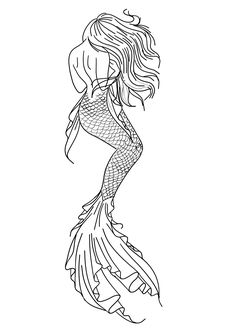 a black and white drawing of a mermaid with her tail curled up in the air