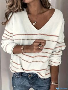 Orcajump - Striped V Neck Pullover Sweater, Casual Long Sleeve Sweater For Fall & Winter, Women's Clothing Cozy Striped Long Sleeve Top, White Knit Tops For Fall, V Neck Pullover, Sweater Sleeves, Sleeve Sweater, Winter Women, Pullover Sweater, Long Sleeve Sweater, Pullover Sweaters