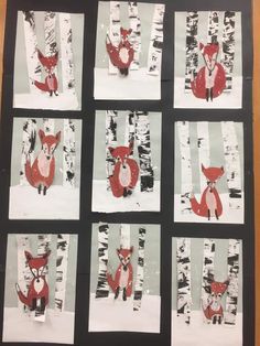 several pictures of foxes in the snow with trees behind them and one is wearing a red scarf