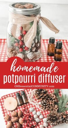 homemade potpouri diffuser with pine cones, cinnamons and other holiday decorations