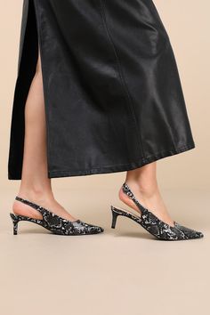 From the office halls to happy hour fun, the Lulus Fosette Black Snake Pointed-Toe Slingback Pumps are ready to strut through it all! These ultra-chic pumps have a snake-embossed, faux leather construction that shapes a pointed-toe upper and a low-cut collar that flows into a classic slingback strap with a little silver buckle. Flirty kitten-style heel completes the versatile look! 2" Wrapped Spool Heel. Cushioned Insole. Rubber Sole Has nonskid Markings. Man Made Materials. Imported. Lulus | Fosette Black Snake Pointed-Toe Slingback Pumps | Size 10. Spool Heel, Black Snake, Shoes Heels Pumps, Slingback Pump, Pump Shoes, Happy Hour, Low Cut, Pumps Heels, The Struts