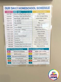 the daily schedule for our daily homeschool schedule is posted on a bulletin board