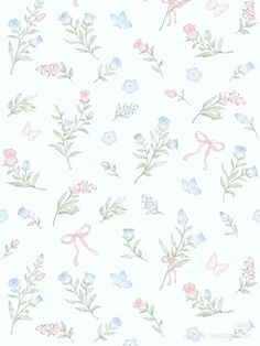 a white background with pink, blue and green flowers