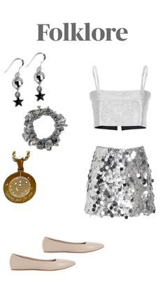 a white top and silver sequin skirt with shoes, necklaces and earrings on it