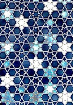 blue and white mosaic tile pattern with hexagonal shapes