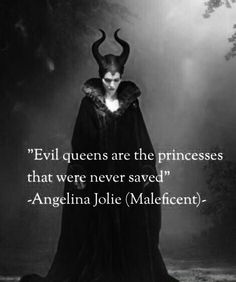 an evil queen standing in front of a forest with horns on her head and the words evil queens are the princesses that were never saved