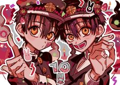 two anime characters wearing hats and pointing at each other's fingers with the number 10 on their forehead