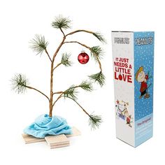 a small christmas tree next to a cardboard box