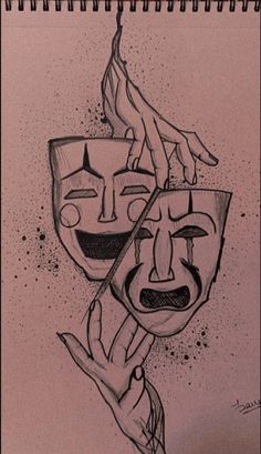 a drawing of two faces with one being held up in the air by another person's hand