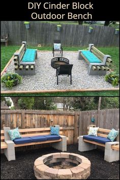 an outdoor fire pit with benches around it and the text diy cinder block outdoor bench