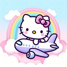 hello kitty is sitting on top of an airplane in the sky with a rainbow behind it