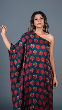 Teal Green One Shoulder Kaftan With Red Motifs In Modal Silk Modal Silk Dresses, Multicolor Silk Festive Kaftan, Festive Multicolor Silk Kaftan, One Shoulder Kaftan Dress, Festive Floor-length Silk Kaftan, One Shoulder Kaftan, Luxury Red Printed Kaftan, Red Printed Silk Kaftan, Kaftan Designs