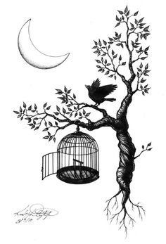 a drawing of a tree with a birdcage hanging from it