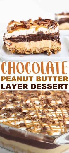 chocolate peanut butter layer dessert on a pan with text overlay that reads, chocolate peanut butter layer dessert