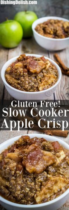 three bowls filled with slow cooker apple crispes on top of a wooden table