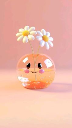 a cute little vase with some daisies in it's mouth and eyes on the inside