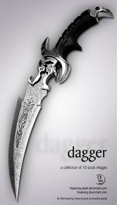 a dagger with an intricate design on it's blade is shown in this advertisement