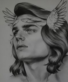 a pencil drawing of a man with wings on his head and shoulders, looking to the side