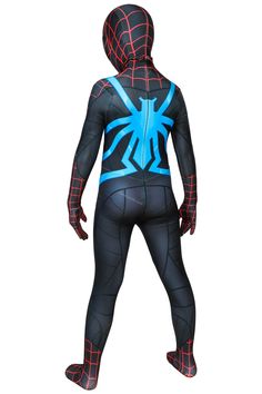 a person in a spiderman costume with blue and black lines on the chest, standing