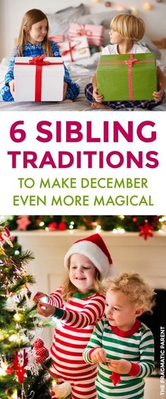 children in pajamas and santa hats with presents on the floor next to a christmas tree