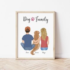 a dog and family print on a wall