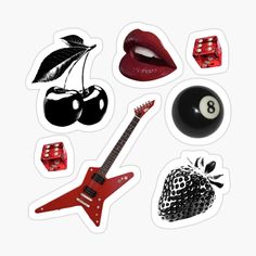 an assortment of stickers with various items including a guitar, dices and fruit